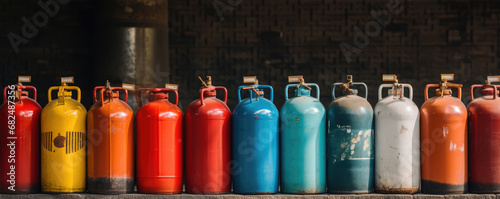 gas bottles in row at diverse colors. Lpg or Propane tanks filled with gass. photo