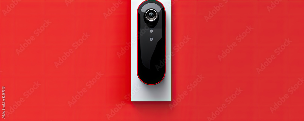 Detail on modern doorbell with mounted video camera on red background. - obrazy, fototapety, plakaty 
