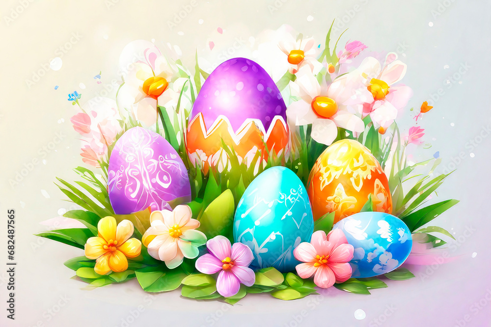 Happy easter greeting card with colourful eggs and flowers. Watercolor. Happy easter greeting card with colourful eggs and flowers. Watercolor.