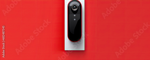 Detail on modern doorbell with mounted video camera on red background.