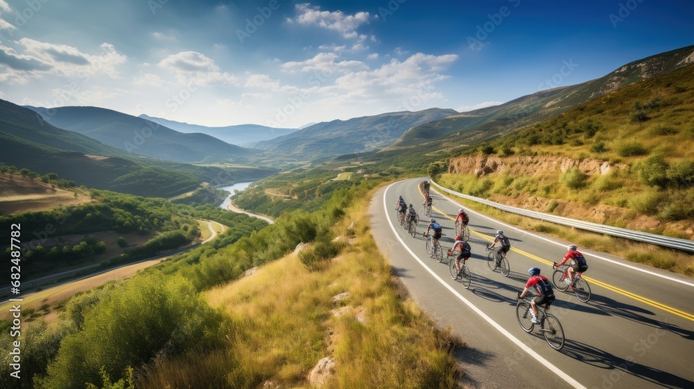 cyclists riding through a winding mountain road, with a beautiful scenic landscape