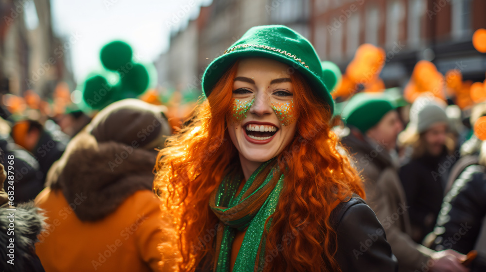 young woman smiling celebrating st patrick's day on a parade