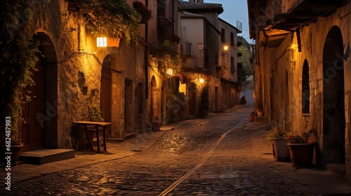an image of a historic village with narrow alleyways and gas lamps