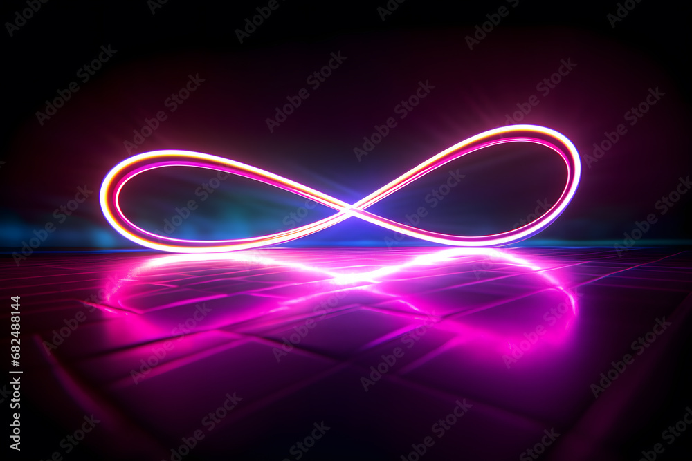 Infinity sign made of neon lights on the floor. Suitable for wallpaper or background in web design 