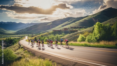 cyclists riding through a winding mountain road, with a beautiful scenic landscape photo