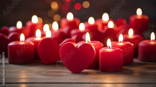 A close-up of heart-shaped candles of varying heights creating a romantic atmosphere.