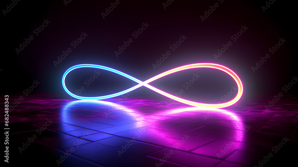 Infinity sign made of neon lights on the floor. Suitable for wallpaper or background in web design Infinity sign made of neon lights on the floor. Suitable for wallpaper or background in web design