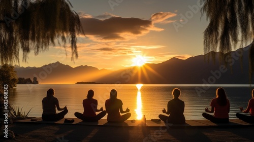 an image of a lakeside yoga retreat at sunset