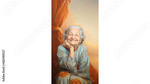 Portrait of a senior person with wrinkles smiling resting his head on his hand. Pastel colours