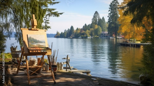 an image of a lakeside art studio with an easel