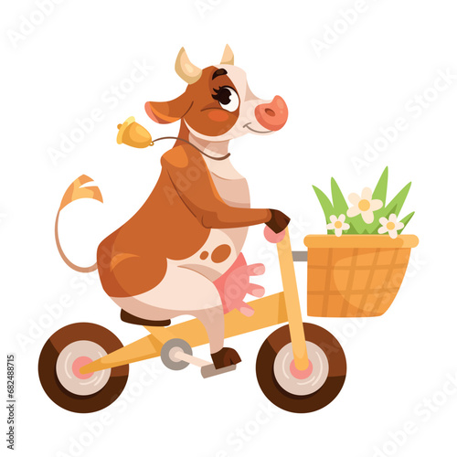 Funny Cow Character with Udder and Horns Ride Bicycle Vector Illustration