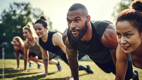 A group of people doing a bootcamp-style workout together, with a trainer leading the way photo