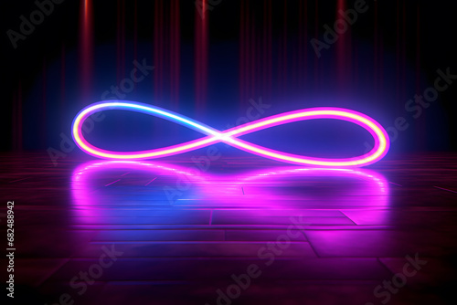 Infinity sign made of neon lights on the floor. Suitable for wallpaper or background in web design 