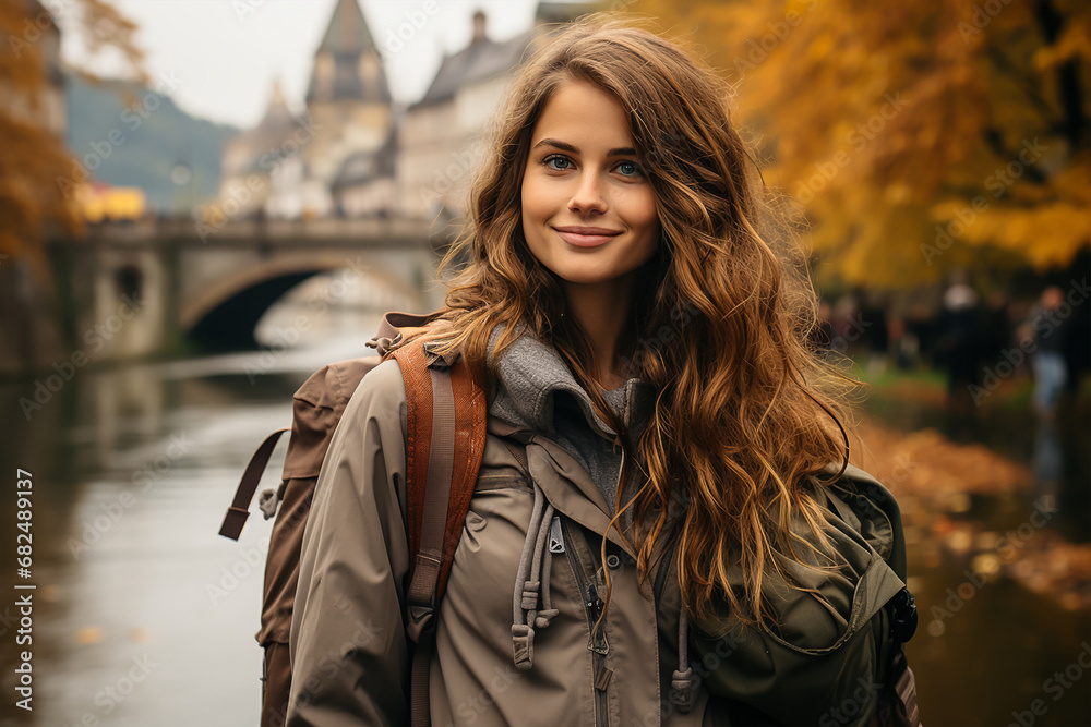 Attractive young female tourist is exploring new city