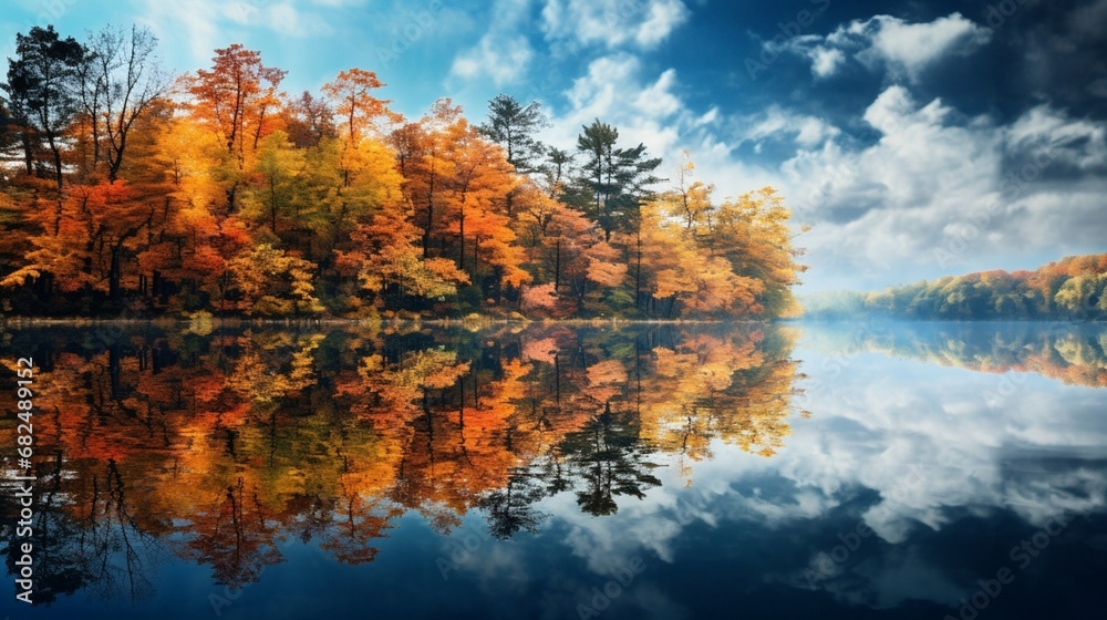 an image of a mirrored lake reflecting autumn foliage