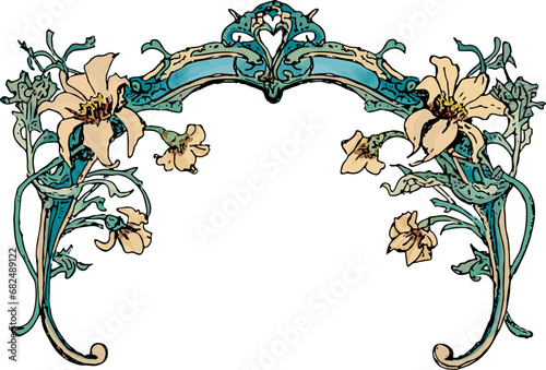 Tan and green daisy flower arch, design element in art nouveau style, tan flowers with green baroque or art nouveau stle arch, florishes