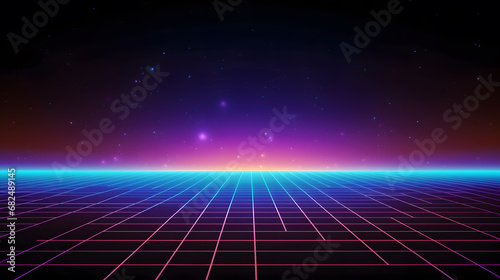 Retro technology background with squares on the ground with neon lights, dark top side and vivid blue line on the horizon
