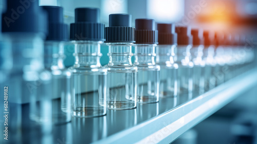 Medical vials on production line in pharmaceutical factory, glass bottles for medicine