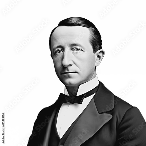 Black and white vintage engraving, headshot portrait of Guglielmo Marconi, the famous Italian inventor and electrical engineer, white background, greyscale - Generative AI photo
