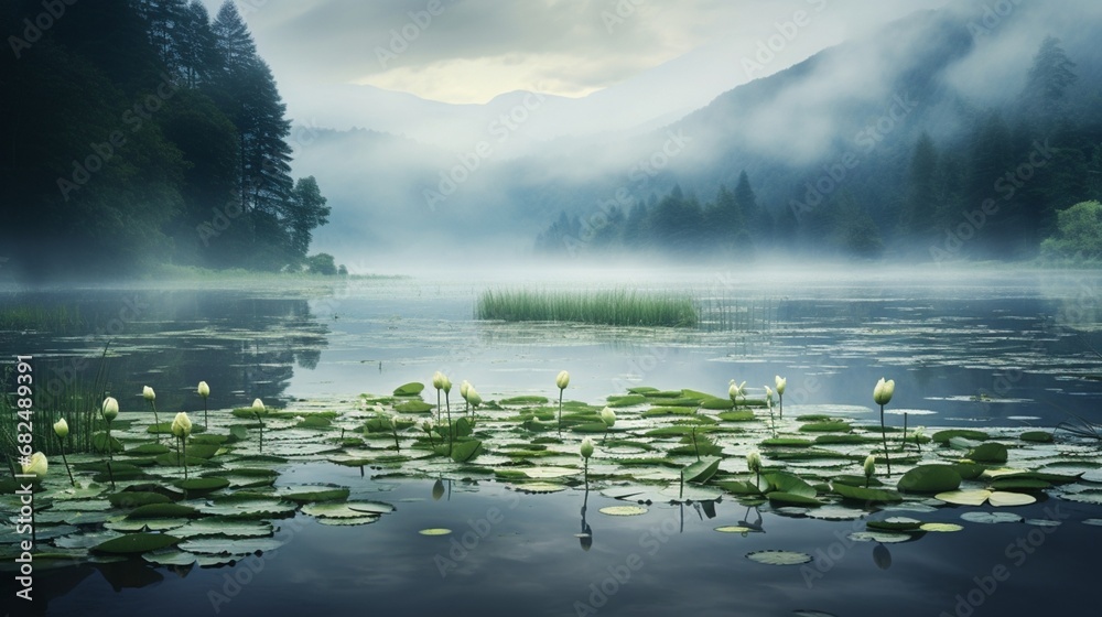 an image of a misty lake with lily pads