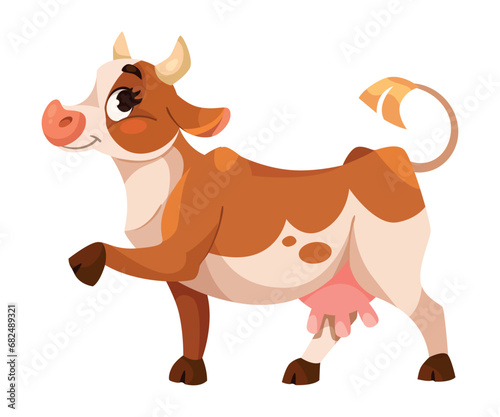 Funny Cow Character with Udder and Horns Walking Vector Illustration