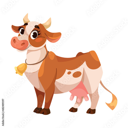 Funny Cow Character with Udder and Horns Standing with Bell on Neck Vector Illustration