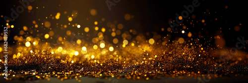 Abstract gold shiny Christmas banner background with glitter and confetti. Holiday bright blurred backdrop with golden particles and bokeh.