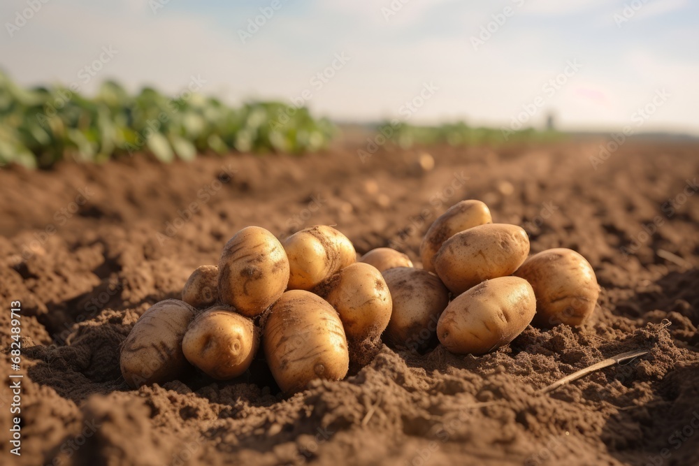 Potatoes in soil at garden bed. Freshly harvested organic agricultural potato harvest. Potatoes in soil at garden bed. Freshly harvested organic agricultural potato harvest.