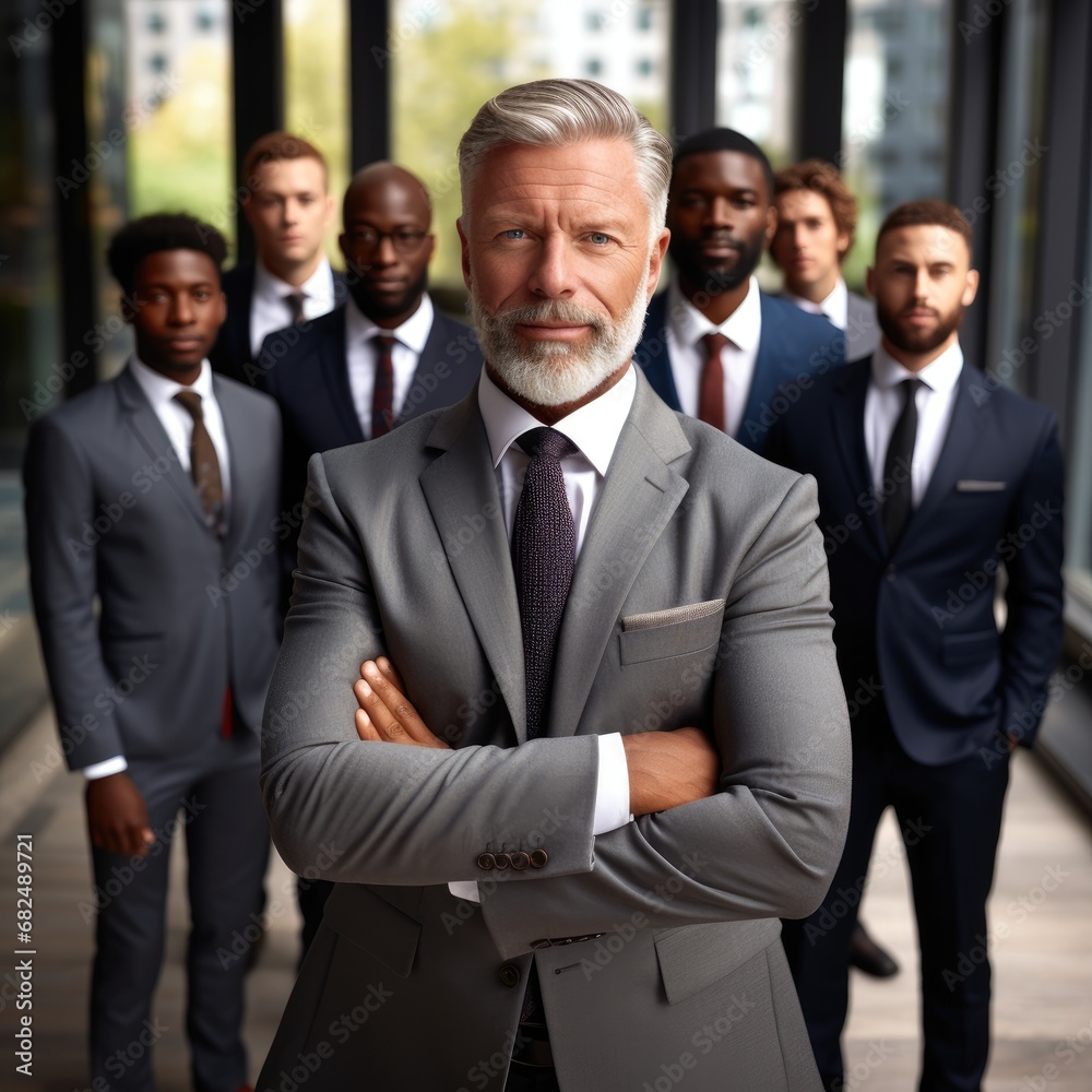 A handsome 50yo senior executive in a power suit confidently leading a diverse team A handsome 50yo senior executive in a power suit confidently leading a diverse team