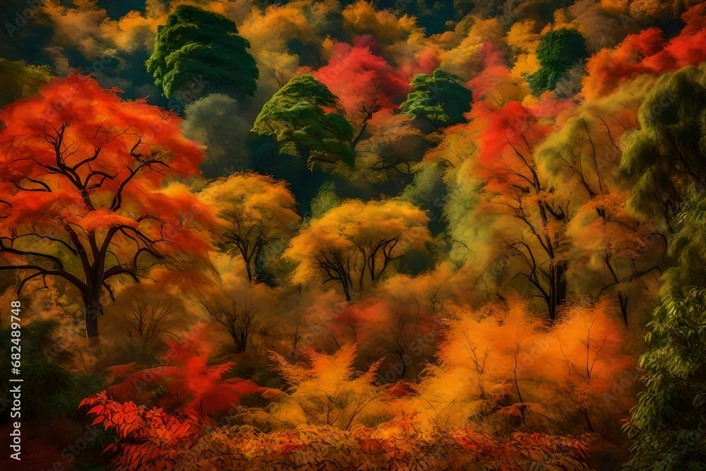 . The trees display a spectrum of red, orange, and yellow leaves, while ...