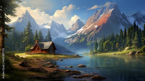 an image of a mountain lake with a rustic log cabin © Wajid