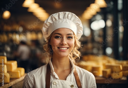 charming beautiful white women wearing cheese maker chef hat, cheese on the background