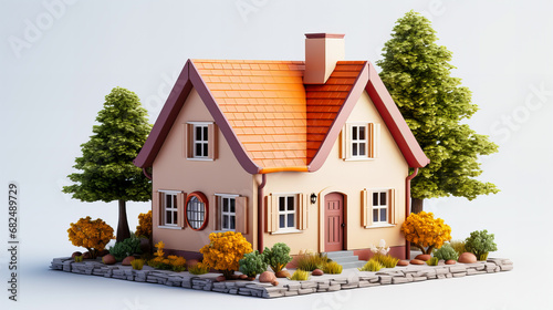 Miniature model of a house with trees and grass on white background. 3d rendering. Generative AI technology. © Grycaj