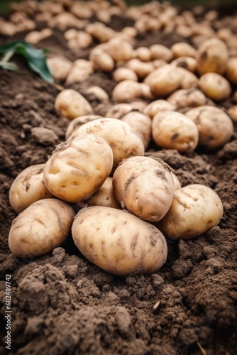 Potatoes in soil at garden bed. Freshly harvested organic agricultural potato harvest. 