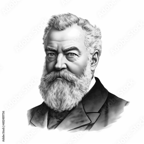 Black and white vintage engraving, headshot portrait of Alexander Graham Bell, the famous Scottish inventor and scientist, white background, greyscale - Generative AI photo