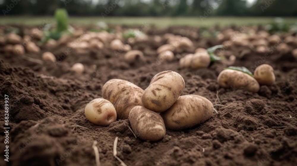 Potatoes in soil at garden bed. Freshly harvested organic agricultural potato harvest. 