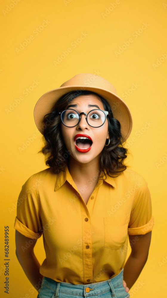 Young beautiful hispanic woman wearing glasses and hat over isolated background afraid and shocked with surprise expression, fear and excited face. Young beautiful hispanic woman wearing glasses and hat over isolated background afraid and shocked with surprise expression, fear and excited face.