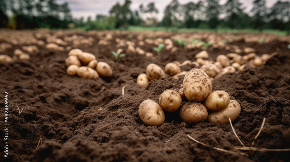 Potatoes in soil at garden bed. Freshly harvested organic agricultural potato harvest. 