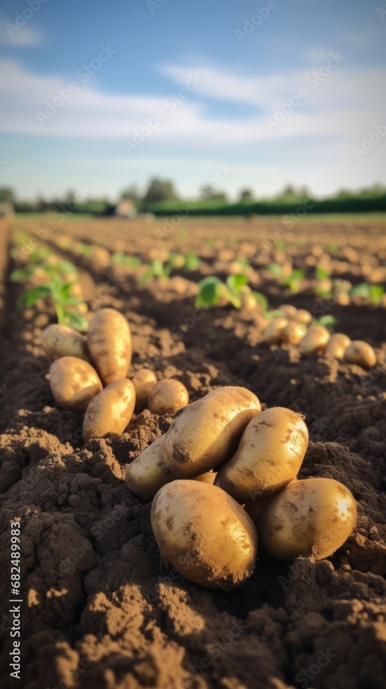 Fototapeta premium Potatoes in soil at garden bed. Freshly harvested organic agricultural potato harvest. 