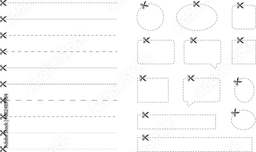  Scissors and coupon set, cut template with dashed line. Black icons. Gift Coupon template. Voucher promo code. Vector illustration. photo