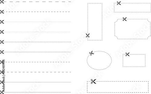  Scissors and coupon set, cut template with dashed line. Black icons. Gift Coupon template. Voucher promo code. Vector illustration.