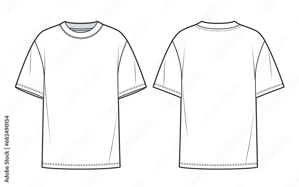Overfit Tee Shirt fashion flat technical drawing template. Unisex T-Shirt fashion CAD, front, back view, white color. - obrazy, fototapety, plakaty 