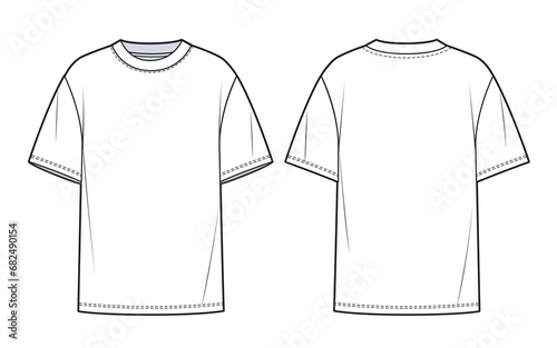 Overfit Tee Shirt fashion flat technical drawing template. Unisex T-Shirt fashion CAD, front, back view, white color.