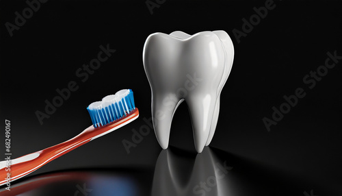 Dental care concept, tooth model and toothbrush on black . photo