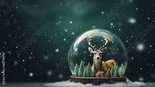 Playful Christmas Holidays Snow Globe with Reindeer and Snowfall on Emerald Green Background with Twinkle Lights Background Effect - Xmas Decor Theme with Copy Space photo