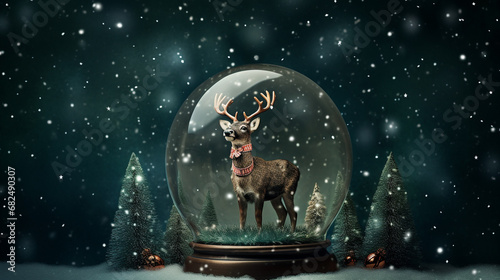 Playful Christmas Holidays Snow Globe with Reindeer and Snowfall on Emerald Green Background with Twinkle Lights Background Effect - Xmas Decor Theme with Copy Space