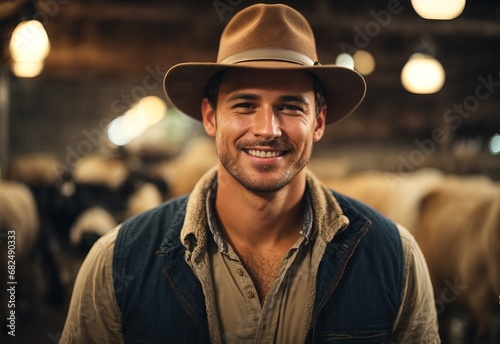 charming handsome men wearing farmer milking cows hat, bottle of milk on the background