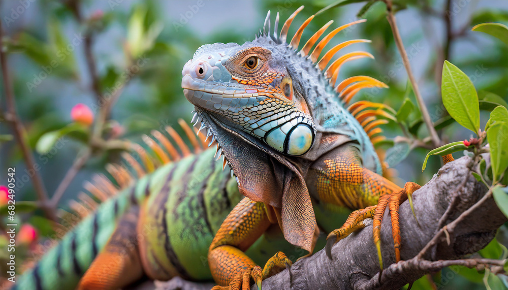 Obraz premium Colorful iguana sitting on a branch.