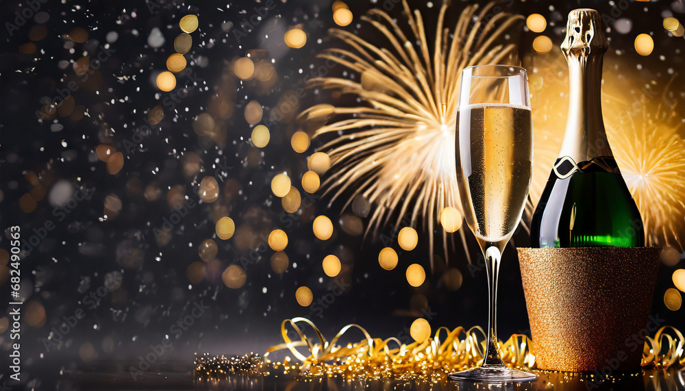 Champagne bottle and glass on the fireworks background.  - obrazy, fototapety, plakaty 