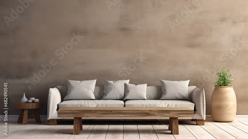 Rustic barn wood coffee table against beige sofa and stucco wall with copy space. Wabi-sabi home interior design of modern living room 